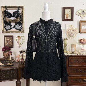 girly grunge preppy goth sheer black lace button up blouse